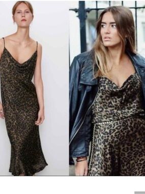 ZARA | Leopard Print Satin Slip Midi Dress Cowl Neck | Sz Large